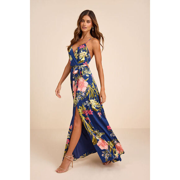Lulus Dresses & Skirts - Lulus Still The One Blue Floral Print Satin Maxi Dress - Size XXL